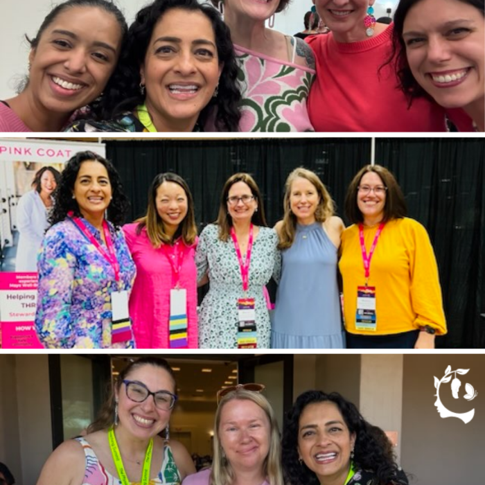 Women physicians smiling together in three group photos at the Pink Coat Summit conference