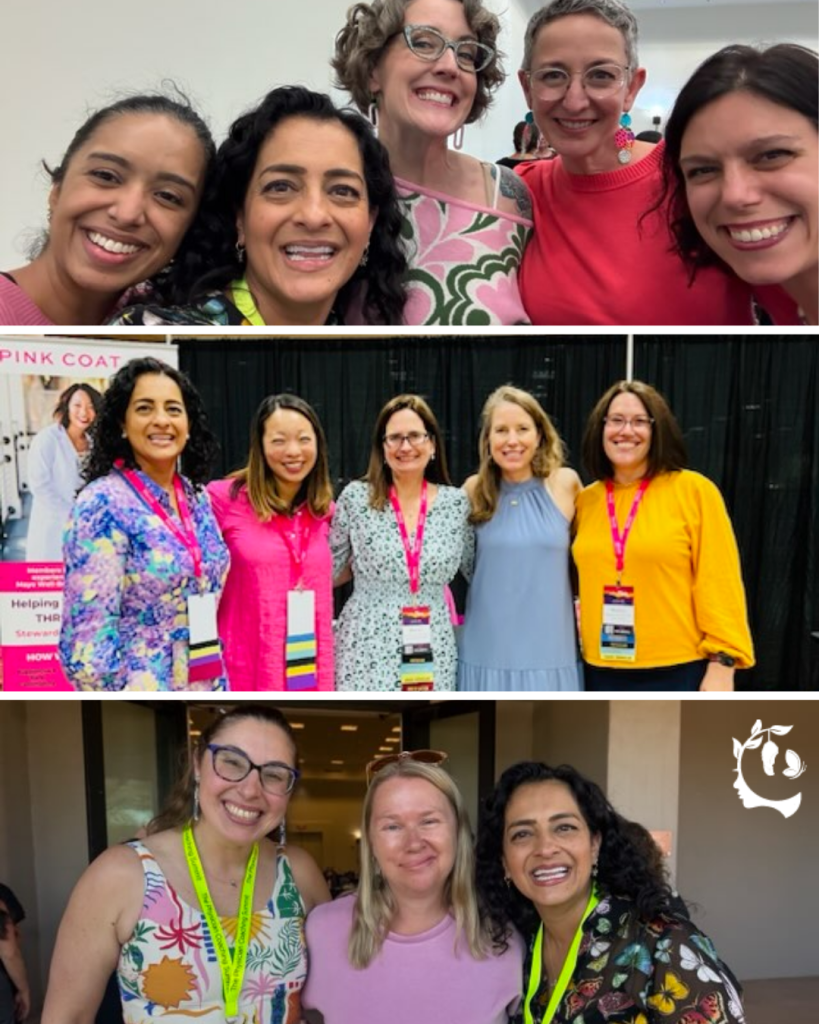 Women physicians smiling together in three group photos at the Pink Coat Summit conference