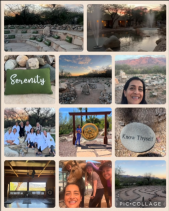 Collage from a women's mindset retreat in the Arizona desert with a labyrinth walk, Serenity pillow, and Know Thyself stone