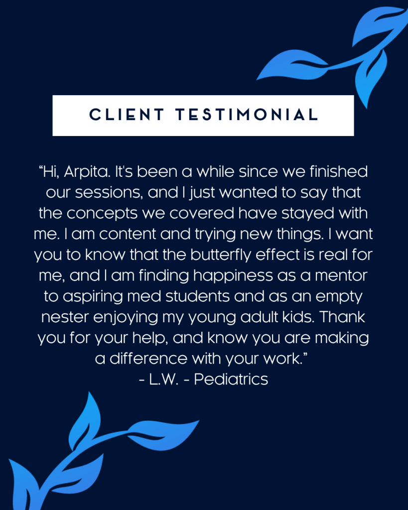 Client testimonial graphic from a pediatrician on lasting change after coaching with Thought Work, MD
