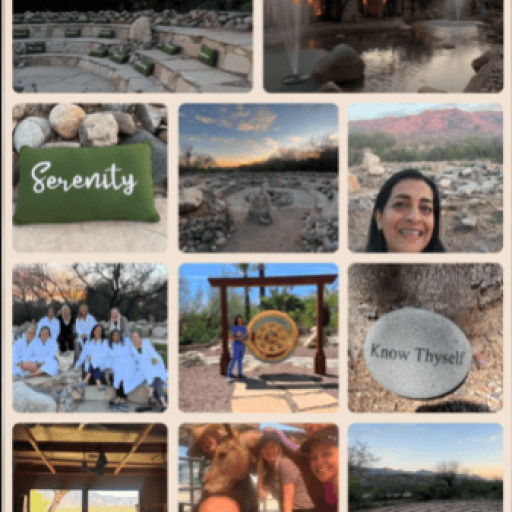 Collage from a women's mindset retreat in the Arizona desert with a labyrinth walk, Serenity pillow, and Know Thyself stone