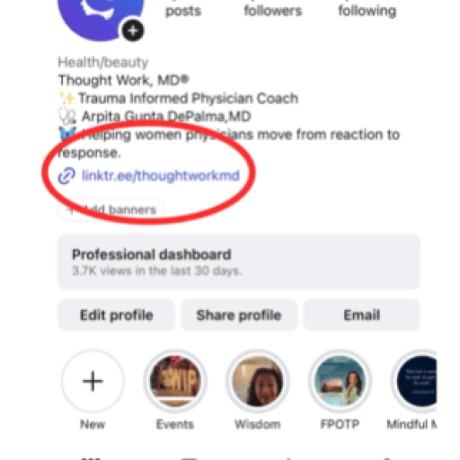 Thought Work, MD Instagram profile with the link in bio circled in red, from a Thought Work, MD video