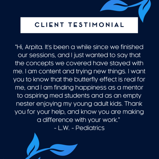 Client testimonial graphic from a pediatrician on lasting change after coaching with Thought Work, MD